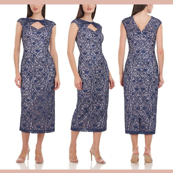 NEW $268 JS Collections [ 4 ] Daniela Bow Tea Length Dress Navy Blue/Blush Q1050